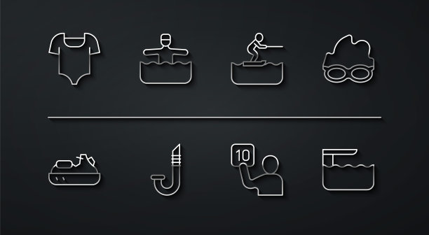 泳装、水上摩托艇、游泳眼镜、裁判员评比、通气管、水上体操、跳水板、跳板和滑雪男子偶像。向量图片下载