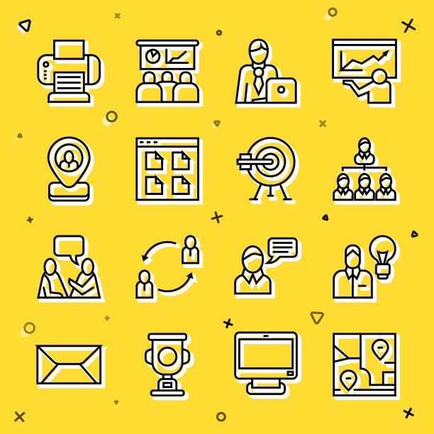 设置线折叠地图与位置，人类灯泡，层次组织图，商人，浏览器文件，工人，打印机和目标箭头图标。向量图片下载