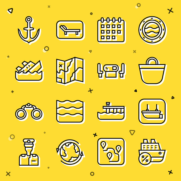 设置线邮轮，救生艇，海滩袋，日历，折叠地图，沉没邮轮，锚和扑克桌图标。向量图片下载