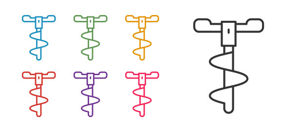 设置线手冰钻冬季捕鱼图标孤立在白色背景。设置图标丰富多彩。向量图片下载