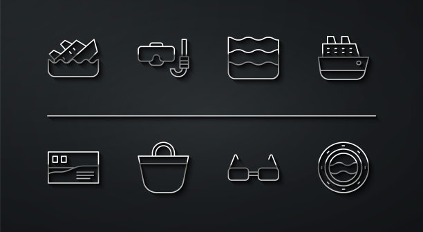 设置线下沉邮轮，明信片旅游，邮轮，眼镜，沙滩袋，潜水面罩和通气管，船舷窗与海景和波浪图标。向量图片下载