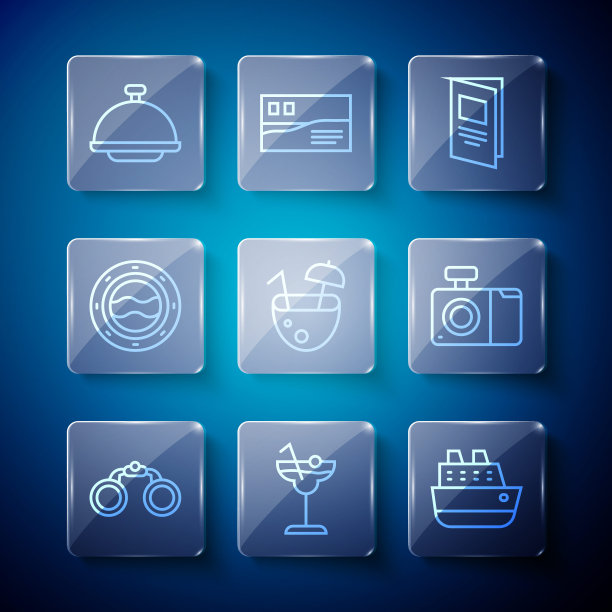 设置线望远镜，鸡尾酒，游轮，小册子，椰子鸡尾酒，船舷窗与海景，覆盖的托盘和照片相机图标。向量图片下载