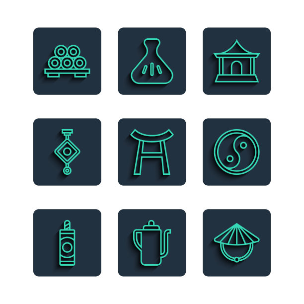 烟花，中国茶道，圆锥形草帽，房子，日本门，纸灯笼，寿司切板和阴阳图标。向量图片下载