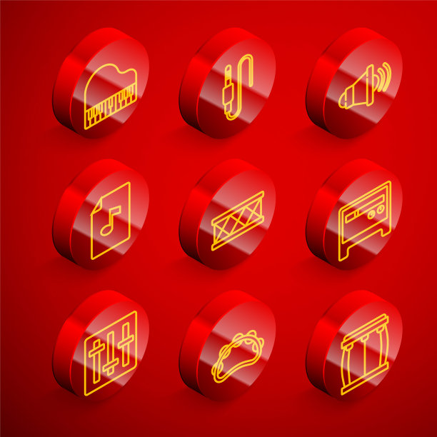 设置线三角钢琴，音频插孔，扬声器音量，音乐书与笔记，鼓，吉他放大器，声音混音控制器和铃鼓图标。向量图片下载