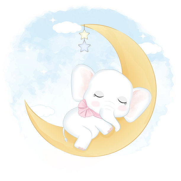 可爱的大象睡在月亮水彩背景图片下载