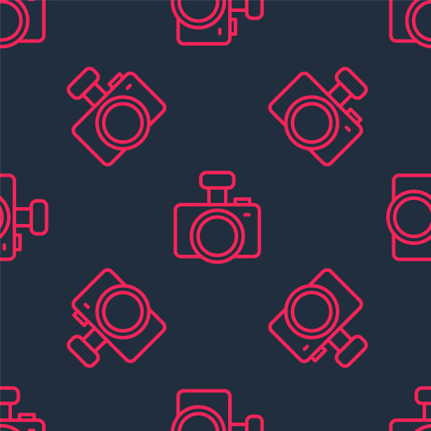 红线照片相机图标孤立无缝图案上的黑色背景。与相机。数码摄影。向量图片下载