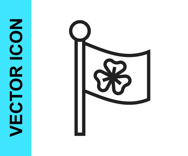 黑色线爱尔兰国旗与三叶草三叶图标孤立在白色背景。圣帕特里克节快乐。爱尔兰国家假日。向量图片下载