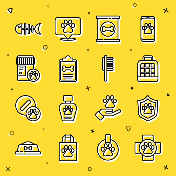 集兽医诊所，动物健康保险，宠物手提箱，罐头食品，宠物临床记录，狗药瓶，鱼骨骼和宠物医疗图标瓶。向量图片下载