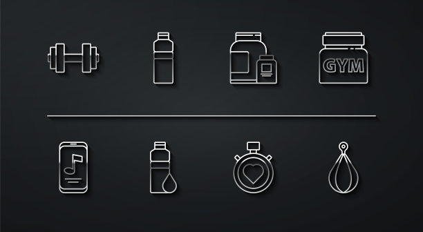 设置线哑铃，音乐播放器，运动营养，心脏在中心秒表，健身摇床，沙袋和图标。向量图片下载