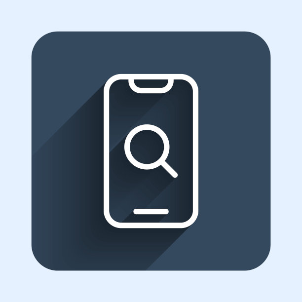 白线放大镜和移动图标孤立与长阴影背景。搜索，聚焦，缩放，商业符号。蓝色方块按钮。向量图片下载