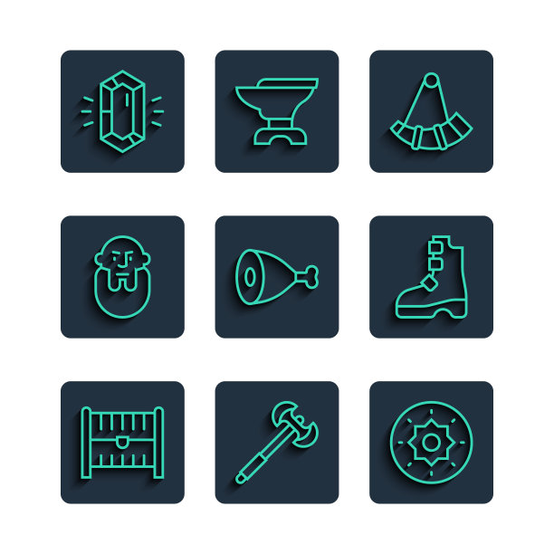 设置线古董宝箱，中世纪poleaxe，盾维京人，狩猎角，鸡腿，维京人的头，宝石石头和古代靴子图标。向量图片下载