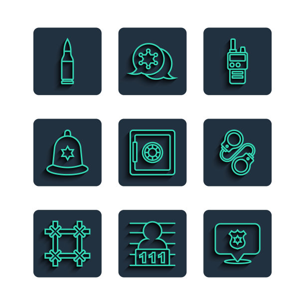 设置线监狱窗口，犯罪嫌疑人，警徽，对讲机，安全，英国警察头盔，子弹和手铐图标。向量图片下载