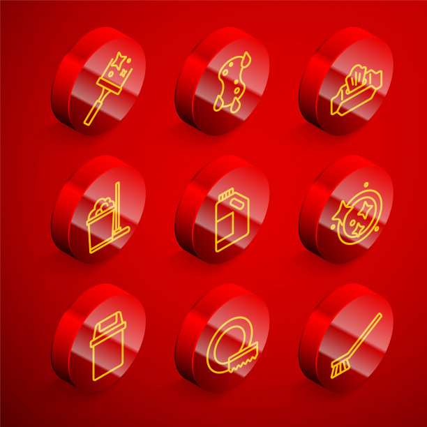 可设置玻璃橡胶清洗机，海绵，湿擦包，拖把和水桶，瓶子清洗剂，洗碗，垃圾桶和图标。向量图片下载