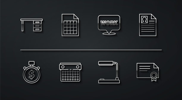 设置线办公桌，时间是金钱，简历，台灯，日历，文件文件，证书模板和位置与文本工作图标。向量图片下载