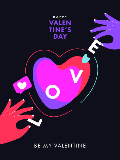 创意概念的快乐情人节海报。现代时尚设计与手使一个浪漫的组成的心和文字爱。图片下载