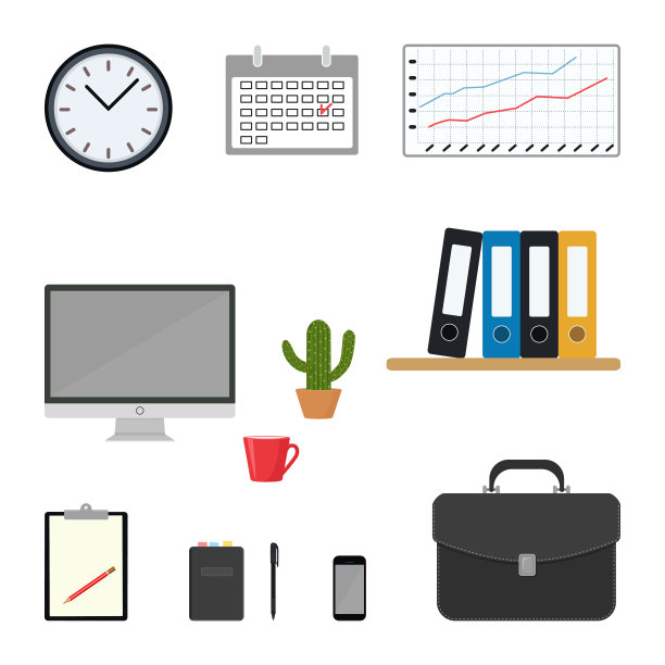 公文包和工作场所隔离在白色背景上。剪贴画图片下载