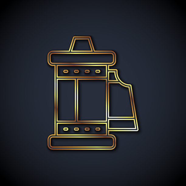 金线相机老式胶卷卷墨盒图标孤立在黑色背景。35毫米电影罐。幻灯片摄影设备。向量图片下载