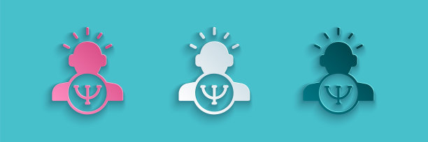 剪纸心理学图标孤立在蓝色背景上。Psi的象征。心理健康概念，心理分析分析和心理治疗。纸艺术风格。向量图片下载