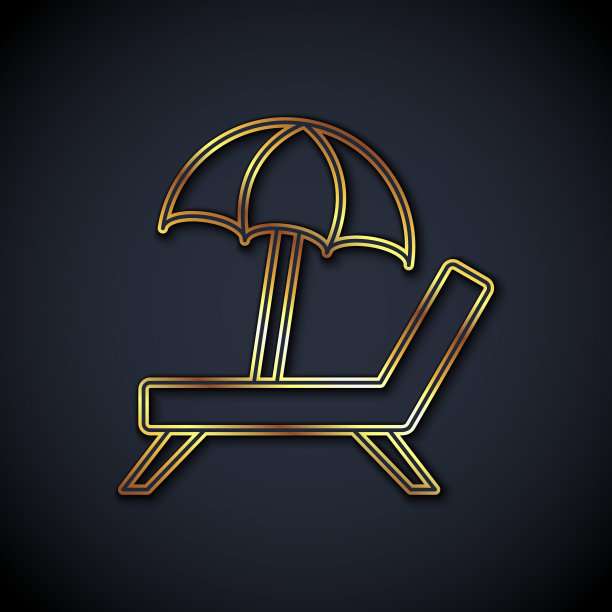 金线太阳床图标孤立在黑色背景上。沙滩伞和日光浴椅。向量图片下载