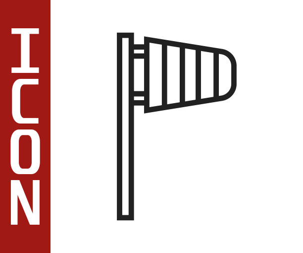 在白色背景上孤立的气象风向标黑线锥图标。风向标志袋指示风向和风力。向量图片下载