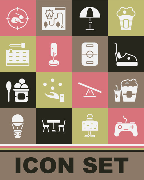 设置手柄，爆米花盒和玻璃，碰碰车，遮阳伞，树，街机游戏机，狩猎上的兔子与十字准星和曲棍球桌图标。向量图片下载