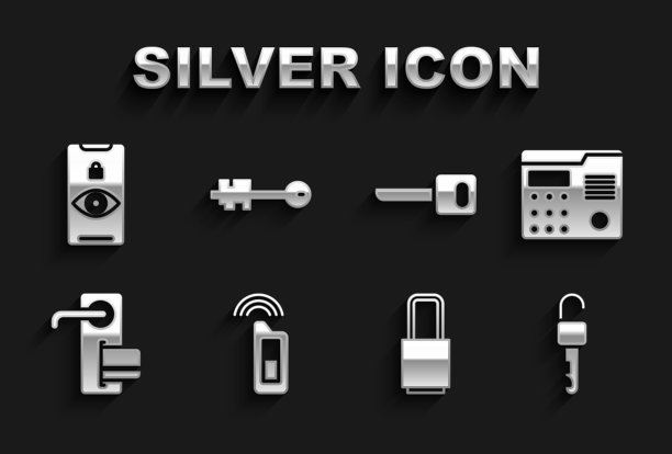 设置汽车钥匙与遥控，住宅对讲系统，解锁，锁，数字门，钥匙，眼睛扫描和旧图标。向量图片下载