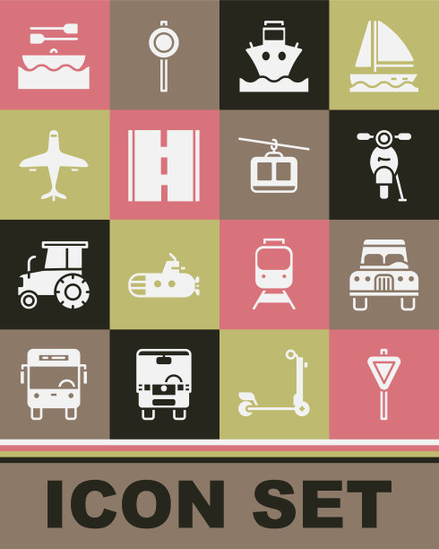 设置道路交通路标、汽车、滑板车、货船、飞机、船桨和缆车图标。向量图片下载