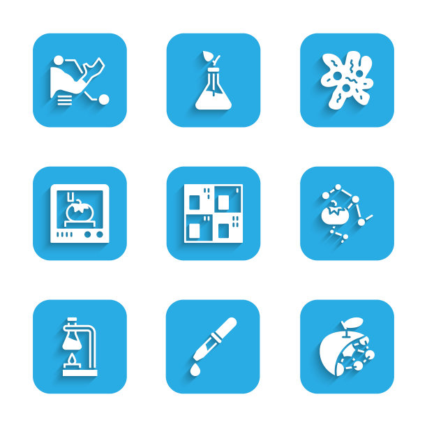 设置元素周期表，移液管，生物结构，转基因食品，试管烧瓶，3D打印技术，细胞和假肢手图标。向量图片下载