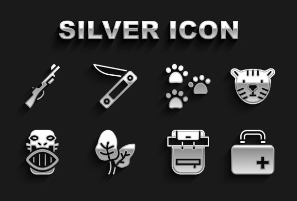 设置热带树叶，老虎头，急救箱，徒步旅行背包，墨西哥玛雅或阿兹特克面具，爪印，猎枪和瑞士军刀图标。向量图片下载