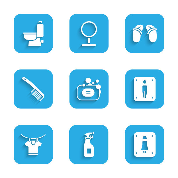 设置肥皂，清洁喷雾瓶，女性厕所，男性，烘干衣服，发刷，人字拖和马桶图标。向量图片下载