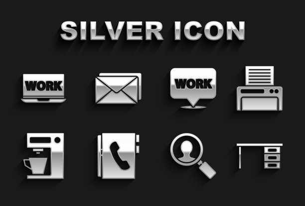 设置地址簿，打印机，办公桌，放大镜搜索人，咖啡机，位置与文本工作，笔记本电脑和信封图标。向量图片下载