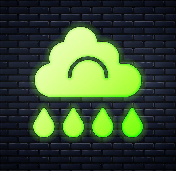 发光的霓虹云与雨图标孤立在砖墙背景上。雨云以雨滴降水。向量图片下载