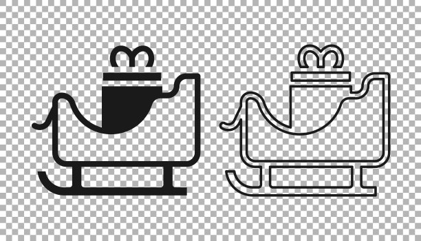 黑色圣诞老人雪橇与麻袋图标，透明背景矢量素材图片下载