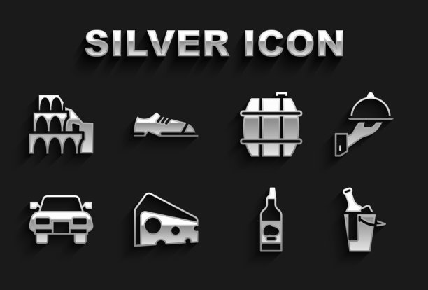 设置奶酪，覆盖托盘的食物，瓶酒桶，橄榄油，汽车，桶，罗马竞技场和男人的鞋图标。向量图片下载