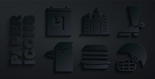 设置汉堡，牛仔靴，鹰头，美式足球头盔，城市景观和日历日期7月4日的图标。向量图片下载