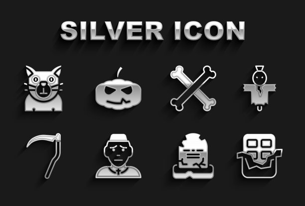 设置牧师，稻草人，巧克力棒，墓碑与RIP写，镰刀，交叉的骨头，猫和南瓜图标。向量图片下载