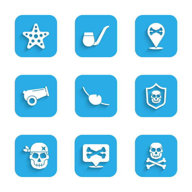 设置海盗眼罩，位置海盗，十字骷髅，骷髅盾，大炮和海星图标。向量图片下载