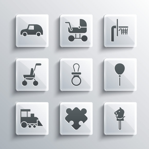 设置拼图玩具，玩具马，气球与丝带，婴儿奶嘴，火车，婴儿车，汽车和篮球背板图标。向量图片下载