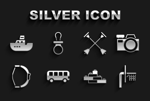 设置巴士玩具，摄影相机，篮球背板，玩具积木，弓，箭吸盘尖，船和婴儿假奶嘴图标。向量图片下载