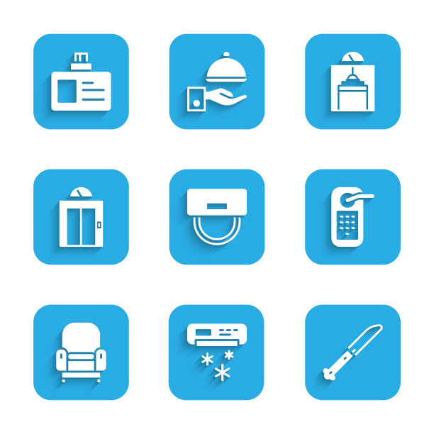 设置行李员帽、空调、小刀、数字门锁、扶手椅、电梯和标识徽章图标。向量图片下载