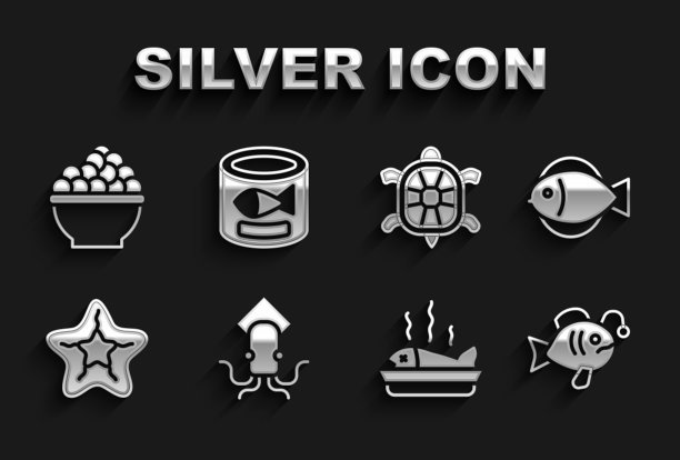 集章鱼，鱼，热带鱼，上碟，海星，海龟，鱼子酱和罐头图标。向量图片下载