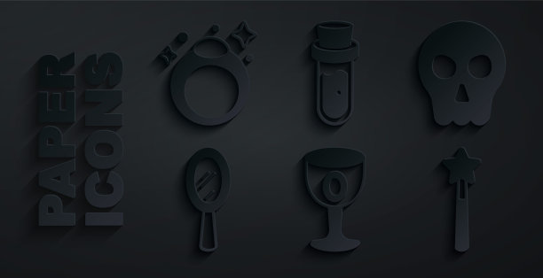 设置中世纪的高脚杯，头骨，魔法手镜，魔杖，药水瓶子和石头戒指图标。向量图片下载