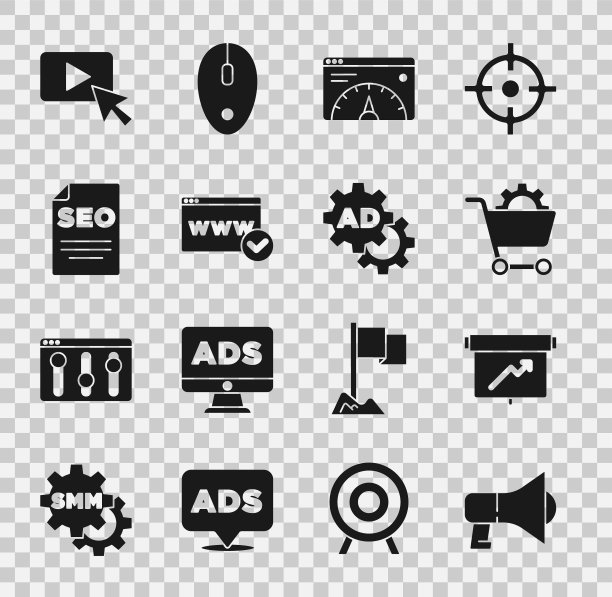 设置扩音器，板与图表，购物车，网站统计，模板，SEO优化，广告和图标。向量图片下载