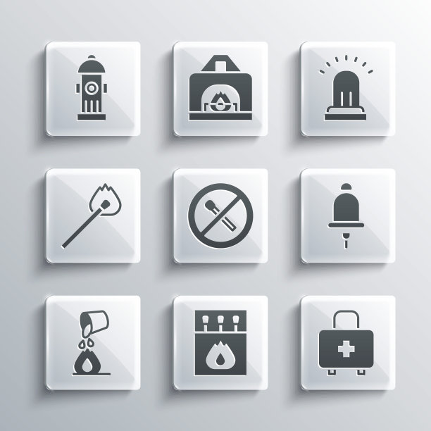 火柴盒、火柴、急救箱、警铃、无火、灭火、有火、消火栓、图标。向量图片下载