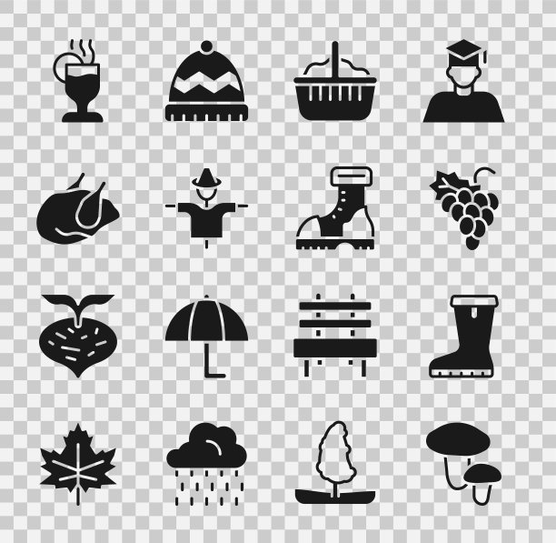 集蘑菇，防水橡胶靴，葡萄水果，篮子，稻草人，烤火鸡或鸡肉，热葡萄酒和图标。向量图片下载