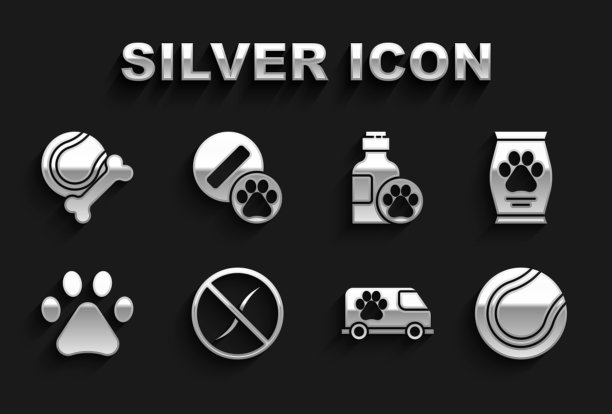 设置抗虫寄生虫，袋食品，网球，兽医救护车，爪印，宠物洗发水，玩具骨橡胶和狗药丸图标。向量图片下载