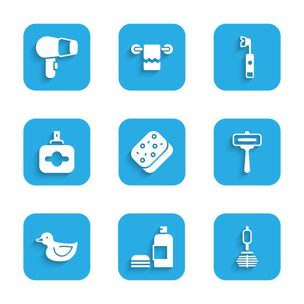 设置海绵，洗发水，马桶刷，剃须剃须刀，橡皮鸭，香水，电动牙刷和吹风机图标。向量图片下载