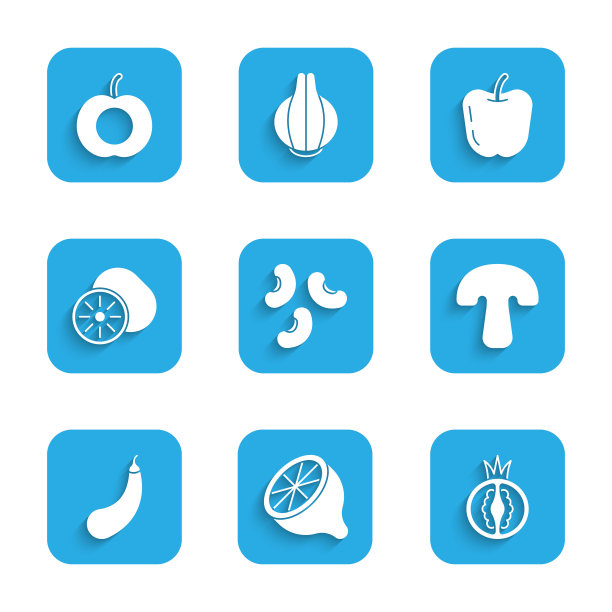 集豆，柠檬，番茄，蘑菇，茄子，猕猴桃，苹果和桃子的图标。向量图片下载