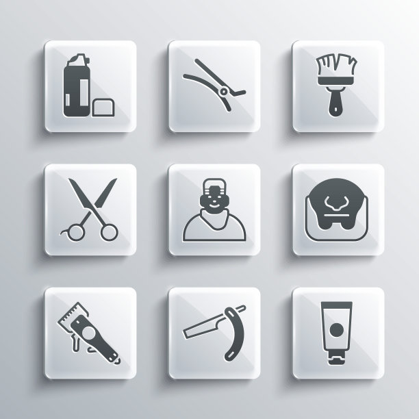 设置直剃须刀，奶油化妆品管，胡子和胡须，客户在理发店，电动理发器，剪刀理发师，剃须凝胶泡沫和刷图标。向量图片下载