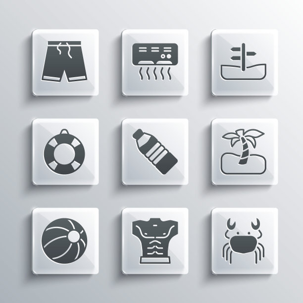 设置健美肌肉，螃蟹，热带棕榈树，瓶装水，沙滩球，救生圈，泳裤和道路交通标志图标。向量图片下载